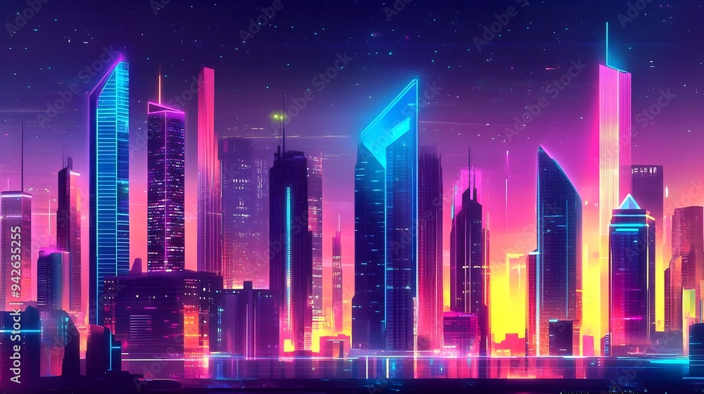 Fototapeta premium Futuristic cityscape with towering neon lit skyscrapers modern architecture and a vibrant colorful urban landscape The scene depicts a futuristic