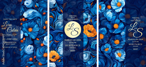 Artistic blue floral wedding invitation template design, Luxury greeting design, save the date design, colorful texture, Hand drawn texture design for invitation