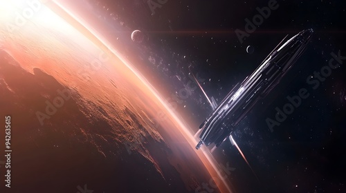 Fototapeta Naklejka Na Ścianę i Meble -  Futuristic space station orbiting a distant planet with vast cosmos of stars nebulae and other celestial bodies in the background The station features advanced technology modular design