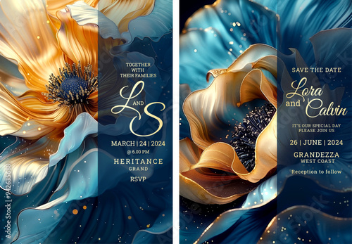 Elegant blue and gold artistic floral wedding invitation template design, Luxury greeting design, save the date design, colorful texture, Hand drawn texture design for invitation