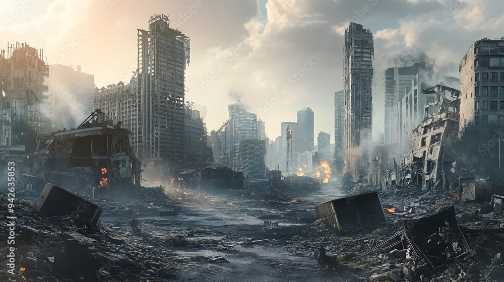 Fototapeta premium Futuristic post apocalyptic cityscape with remnants of advanced technology including machinery equipment cables and wires set against a grungy industrial backdrop with copy space for text overlay