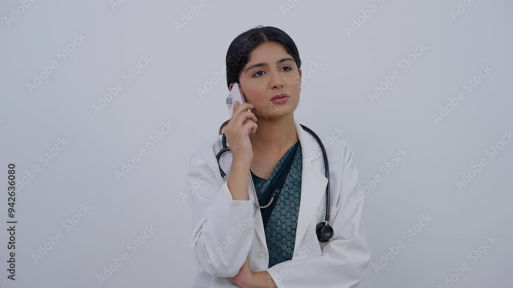 Sad Indian Female Doctor Talking on Phone Call Sad Indian Female Doctor Talking on Phone Call