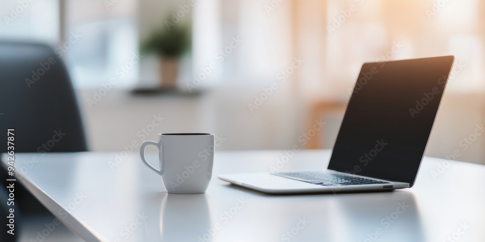 Blurred Modern Office Interior with Laptop and Coffee Cup on White Table, Minimalist Home Workspace for Online Education or Remote Business Concepts Blurred Modern Office Interior with Laptop and Coffee Cup on White Table, Minimalist Home Workspace for Online Education or Remote Business Concepts