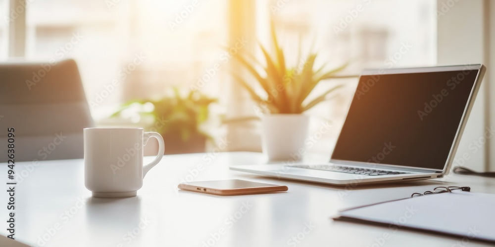 Blurred Modern Office Interior with Laptop and Coffee Cup on White Table, Minimalist Home Workspace for Online Education or Remote Business Concepts Blurred Modern Office Interior with Laptop and Coffee Cup on White Table, Minimalist Home Workspace for Online Education or Remote Business Concepts