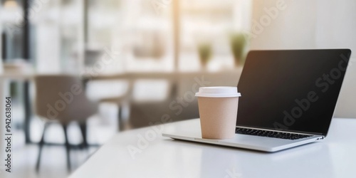 Wallpaper Mural Blurred Modern Office Interior with Laptop and Coffee Cup on White Table, Minimalist Home Workspace for Online Education or Remote Business Concepts Torontodigital.ca