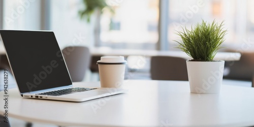 Wallpaper Mural Blurred Modern Office Interior with Laptop and Coffee Cup on White Table, Minimalist Home Workspace for Online Education or Remote Business Concepts Torontodigital.ca