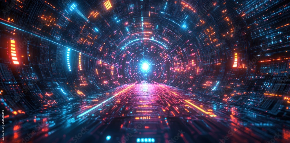 Fototapeta premium A futuristic digital tunnel with glowing neon lights and intricate circuitry