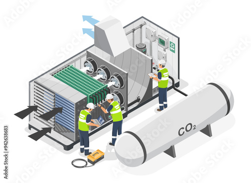 Engineer and technician maintenance service team installation  direct air capture carbon CO2 to O2 station eco industrial factory carbon credit friendly concept isometic isolated illustration