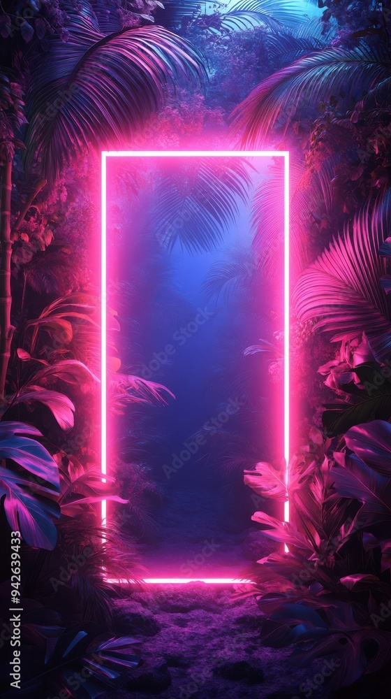 Tropical Neon Background with Palm Leaves Tropical Neon Background with Palm Leaves
