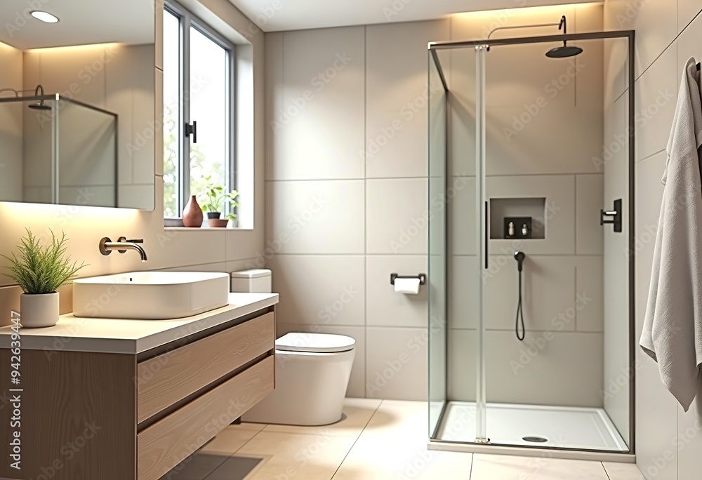 A modern bathroom with a vanity, toilet, and glass shower enclosure A modern bathroom with a vanity, toilet, and glass shower enclosure