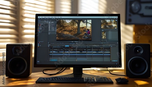 Video editing software or program opened on a pc computer monitor screen display placed along the keyboard and speakers on a wooden table or desk in a home room or office interior, daytime work