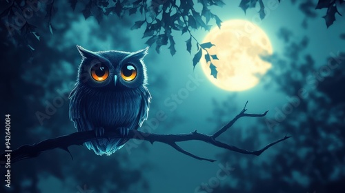 Spooky Halloween Night with 3D Cartoon Owl on Branch under Full Moon