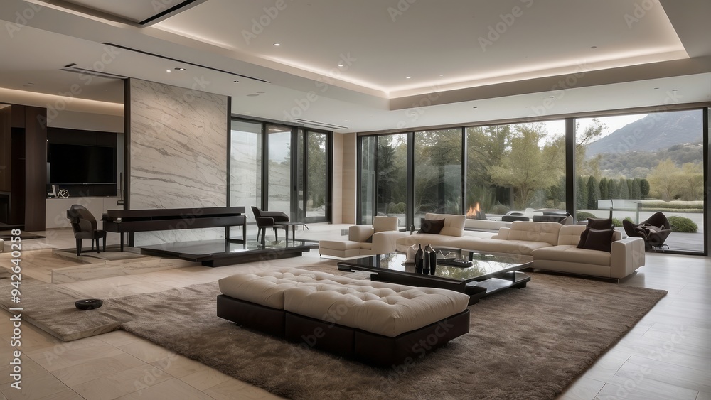 Fototapeta premium Modern Living Room with Large Windows and a View of a Mountainous Landscape