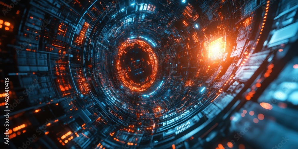 Obraz premium Abstract Digital Tunnel with Orange and Blue Lights