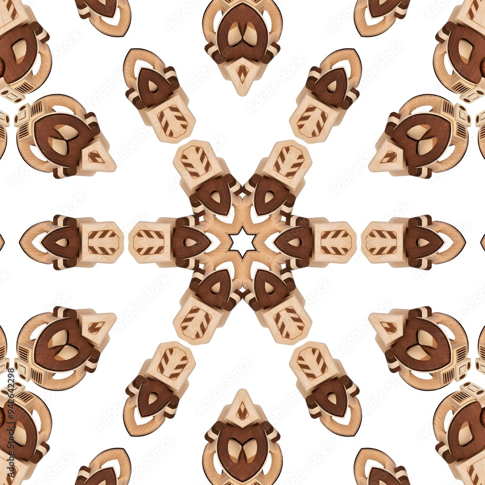 A brown and white circular pattern with a bear in the center. Modern pattern with seamless patterns. Geometric elements. white background.