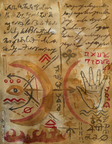 Hand drawn illustration of decorated old page with hand and mystic symbols from witch magic spell book. Gothic, occult and esoteric background. Only fantasy letters, no foreign language