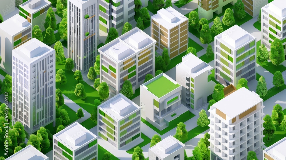 Isometric city with urban greenery and residential blocks, 3D view with copy space and deep depth of field, covering all objects. Isometric city with urban greenery and residential blocks, 3D view with copy space and deep depth of field, covering all objects.