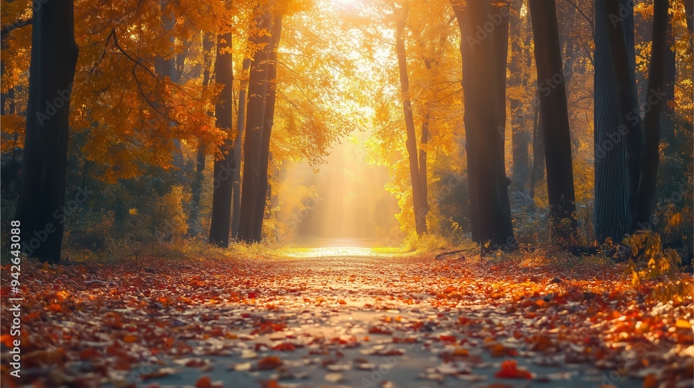 Majestic autumn landscape with vibrant orange , red and yellow leaves falling gently from towering trees in a secluded forest a serene pathway covered with fallen leaves Majestic autumn landscape with vibrant orange , red and yellow leaves falling gently from towering trees in a secluded forest a serene pathway covered with fallen leaves