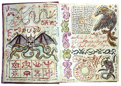 Hand drawn illustration of decorated old pages with creatures and mystic symbols from witch magic spell book. Gothic, occult and esoteric background. Only fantasy letters, no foreign language