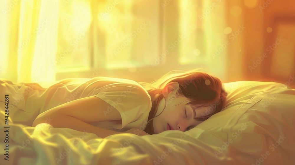 Peaceful girl sleeping in bedroom on a summer evening, soft fresh tones, distant perspective Peaceful girl sleeping in bedroom on a summer evening, soft fresh tones, distant perspective