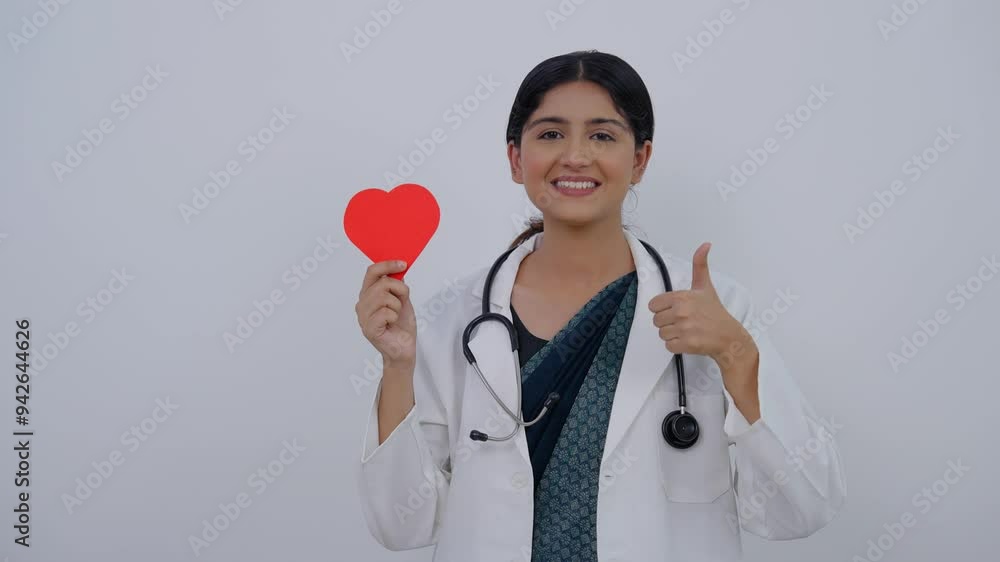 Happy Indian Female Doctor Looking at Heart and Showing Thumbs Up Happy Indian Female Doctor Looking at Heart and Showing Thumbs Up