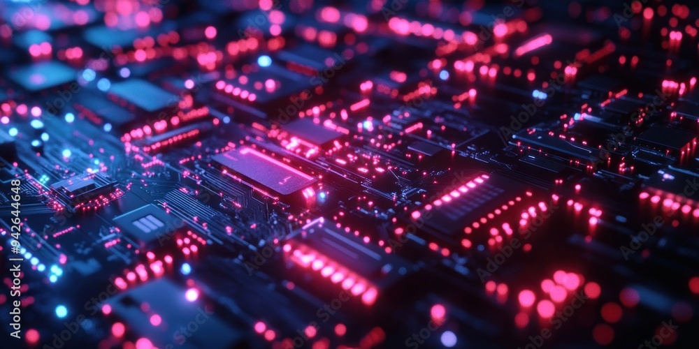 Glowing Circuit Board with Pink and Blue Lights Glowing Circuit Board with Pink and Blue Lights