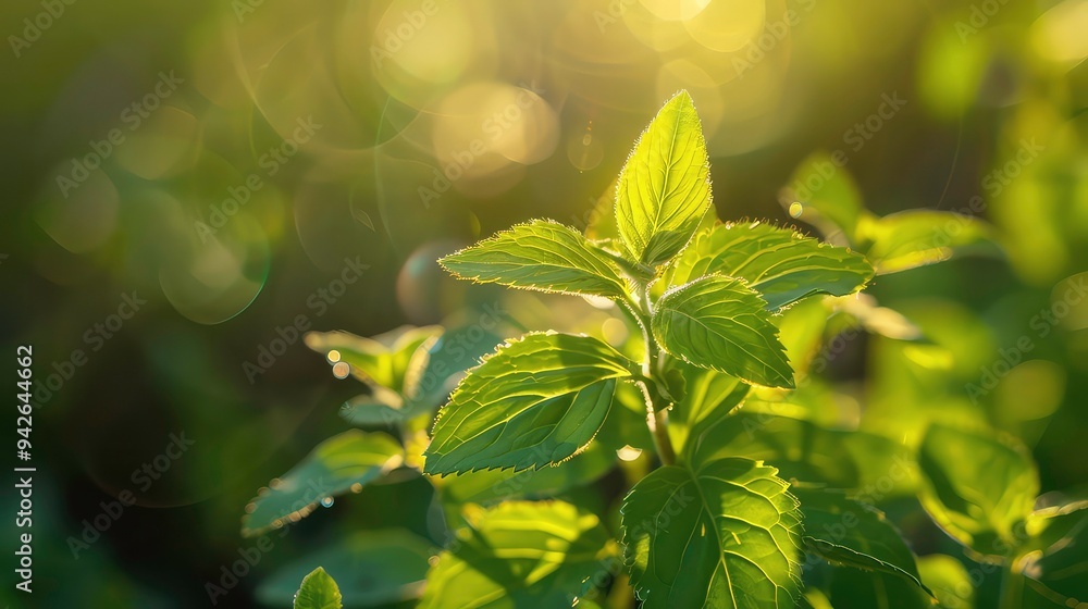 Close-up of vibrant green leaves illuminated by warm sunlight, creating a soft, bokeh effect in the background.