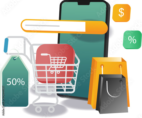 Hunting for online shopping discounts flat illustration