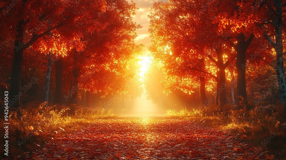 Colorful trees and footpath road in autumn landscape in deep forest. The autumn colors in the forest create a magnificent view. autumn view in nature Colorful trees and footpath road in autumn landscape in deep forest. The autumn colors in the forest create a magnificent view. autumn view in nature