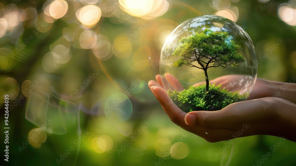 A person holds a bubble with a tree and greenery inside. The bubble is surrounded by a blurred green background with sun flares. A person holds a bubble with a tree and greenery inside. The bubble is surrounded by a blurred green background with sun flares.