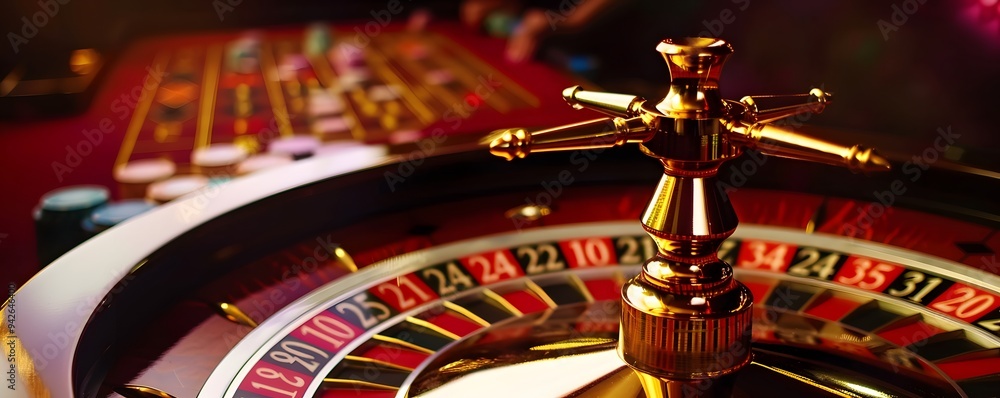 Close-up of a Golden Roulette Wheel with Numbers and Red and Black Sections Close-up of a Golden Roulette Wheel with Numbers and Red and Black Sections