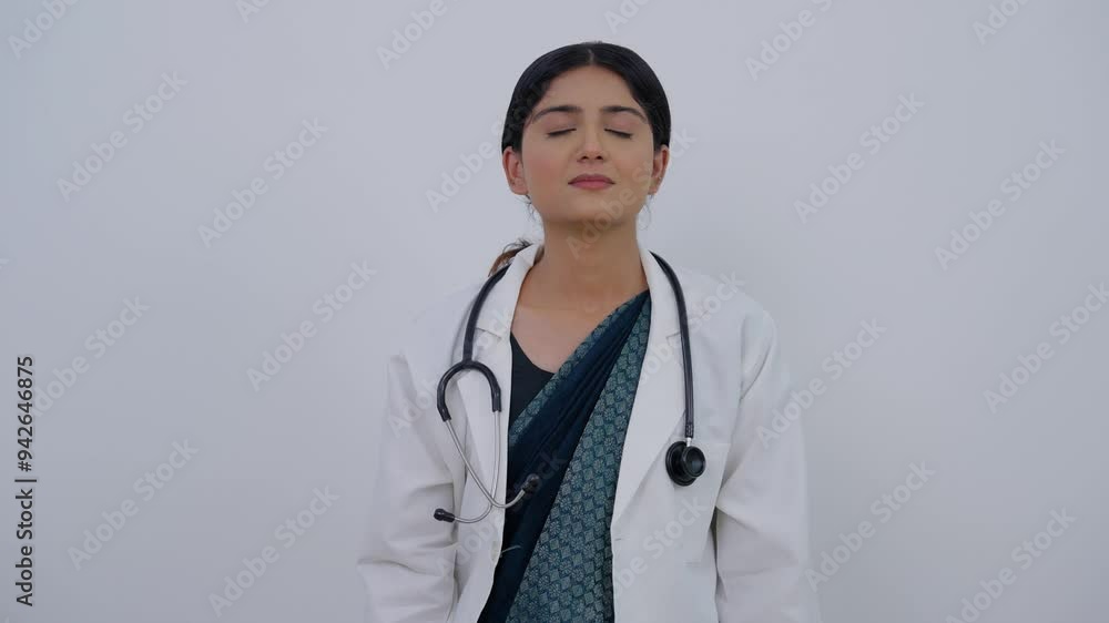 Indian Female Doctor Taking Deep Breath and Feeling Relaxed Indian Female Doctor Taking Deep Breath and Feeling Relaxed