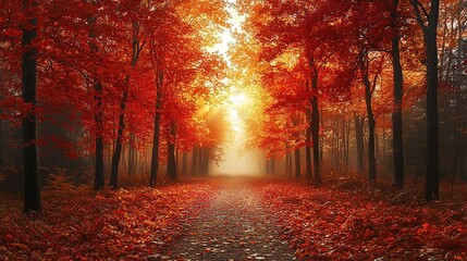 Colorful trees and footpath road in autumn landscape in deep forest. The autumn colors in the forest create a magnificent view. autumn view in nature