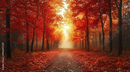 Colorful trees and footpath road in autumn landscape in deep forest. The autumn colors in the forest create a magnificent view. autumn view in nature