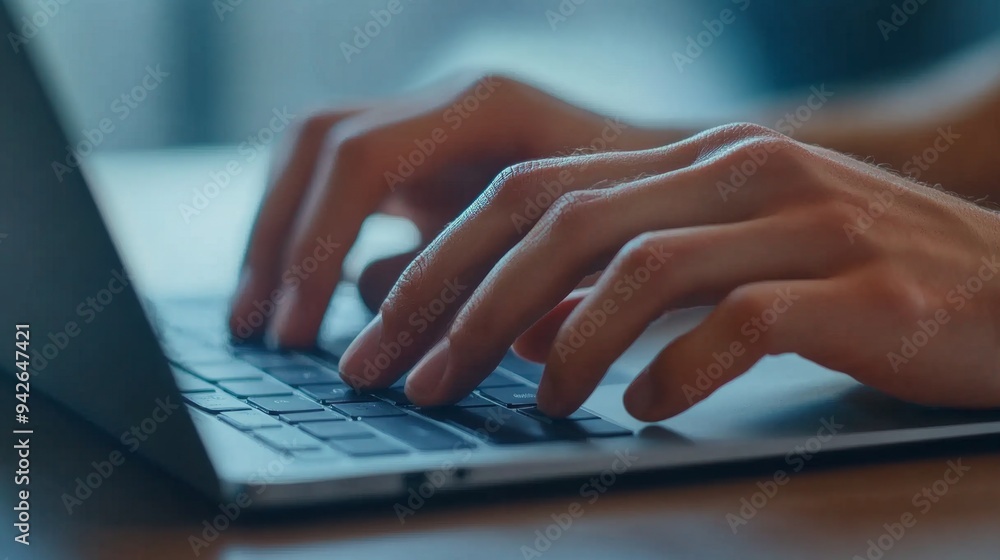 Digital Workspace: Hands Typing on Sleek Laptop with Subtle Corporate Logos Reflected on Screen Digital Workspace: Hands Typing on Sleek Laptop with Subtle Corporate Logos Reflected on Screen