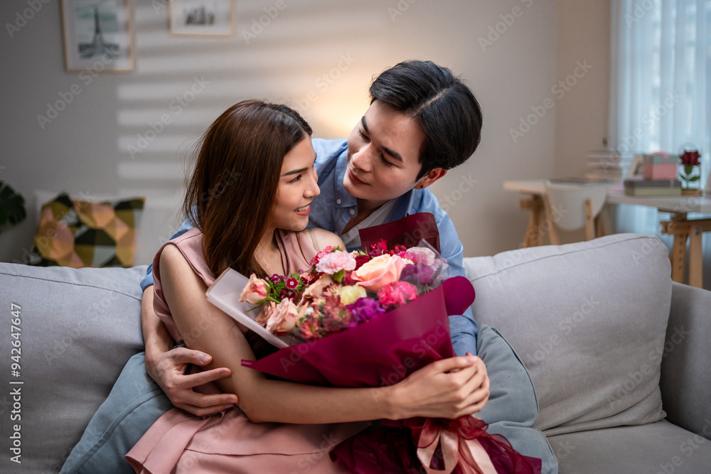 Asian young man surprise and give rose flower to beautiful girlfriend. Asian young man surprise and give rose flower to beautiful girlfriend.