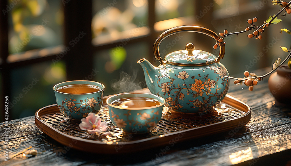 Teapot on table, drink hot tea, old fashioned pottery generated by AI Teapot on table, drink hot tea, old fashioned pottery generated by AI