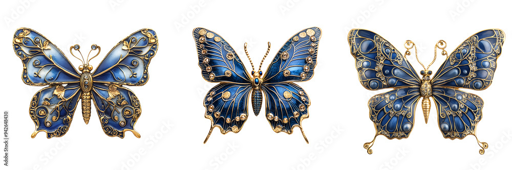 Blue and gold butterfly brooch with intricate details isolated on white or transparent background Blue and gold butterfly brooch with intricate details isolated on white or transparent background