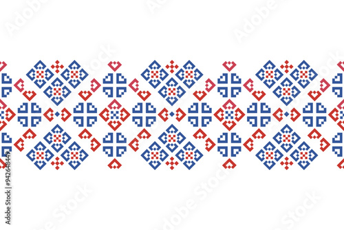 Cross Stitch embroidery seamless.Geometric pixel ethnic patterns. American, Mexican,African, mediterranean, nordic,Aztec style.Beautiful Embroidery Trendy folk art background design for decorate.