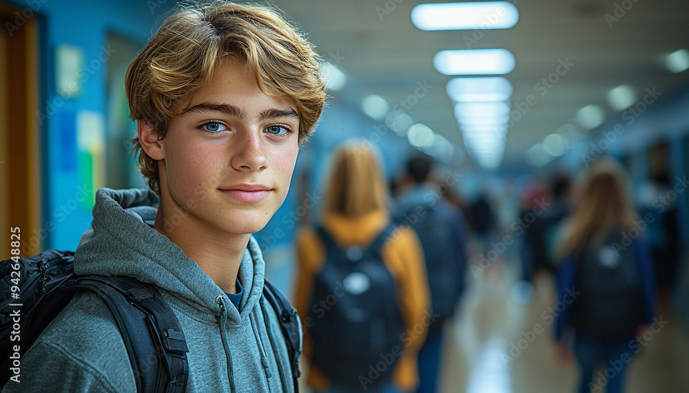 Smiling Caucasian boys with backpacks on a journey generated by AI Smiling Caucasian boys with backpacks on a journey generated by AI