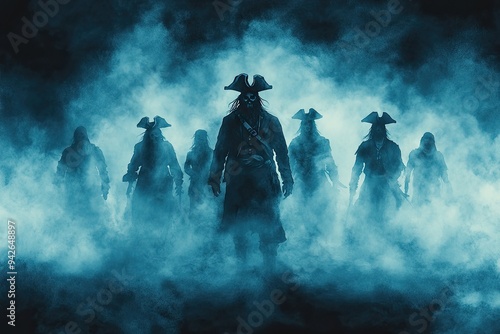 Ghostly pirate crew in watercolor style, misty maritime scene with spectral sailors in worn seafaring clothing, soft textured brushstrokes and muted tones creating an eerie haunted ocean atmosphere