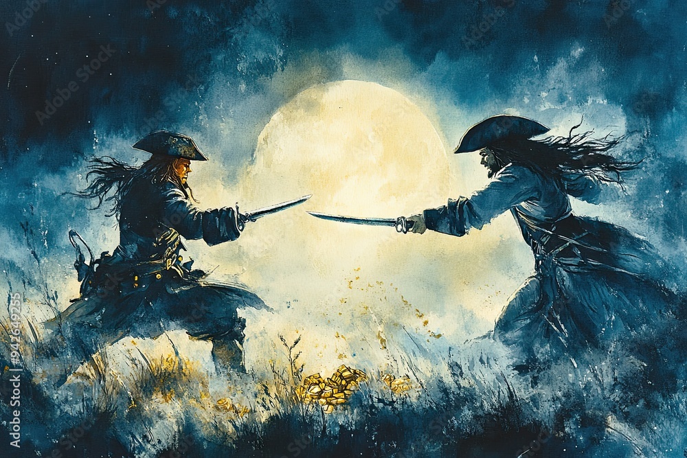 Naklejka premium Ghostly pirate duel, fighting for cursed treasure, moonlit battlefield, Watercolor style