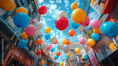 Labour Day festival with colorful balloons, flags, and a stage for speeches, capturing the joy and activism of the day  photo