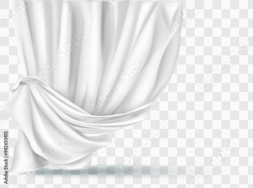 White lightweight fabric curtain fluttering realistic vector illustration mock up. Shower or window fabric on a curtain rod template.