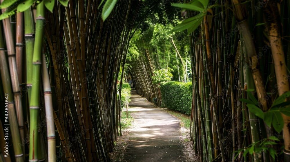 Obraz premium Tranquil bamboo forest passage with filtering light, natural, spacious art backdrop