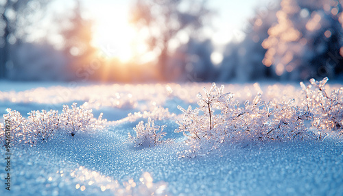 Snow covered tree in winter forest, sunlight glowing beauty generated by AI