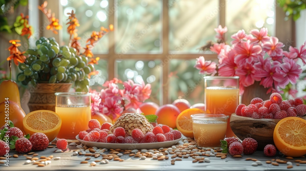 Healthy breakfast spread with fruits, grains, and yogurt Healthy breakfast spread with fruits, grains, and yogurt