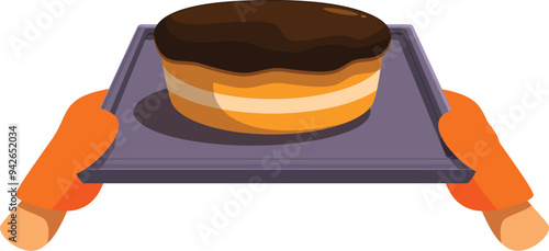Baker is holding a chocolate frosted cake on a tray with orange oven mitts