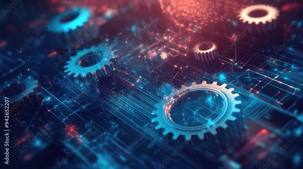 Obraz premium A high-tech graphic of gears and virtual diagrams representing Industry 4.0