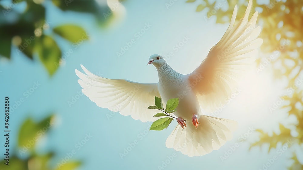 Fototapeta premium A free white dove holding a green leaf branch flies in the sky. 